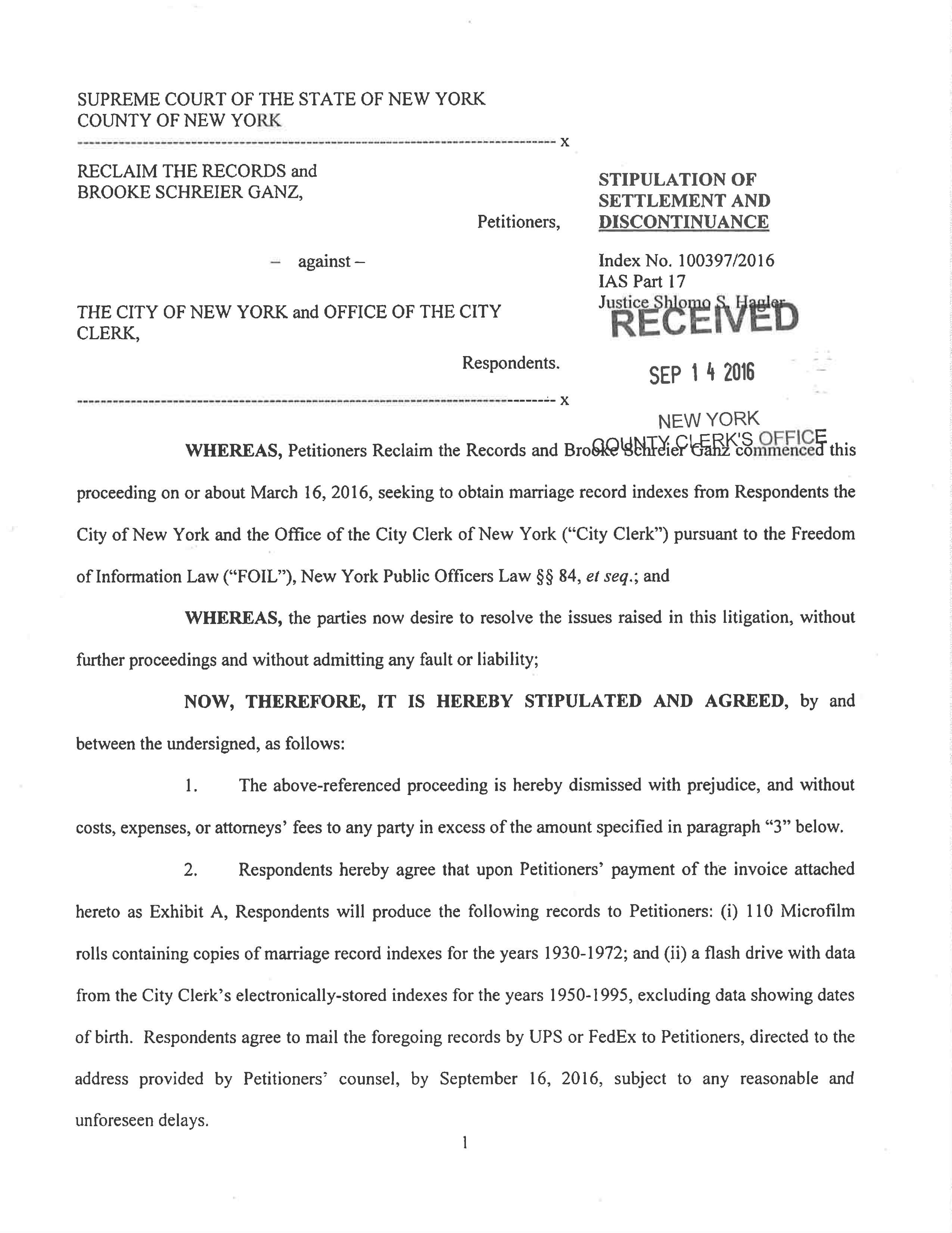 Reclaim The Records vs. NYC City Clerk's Office - Settlement
