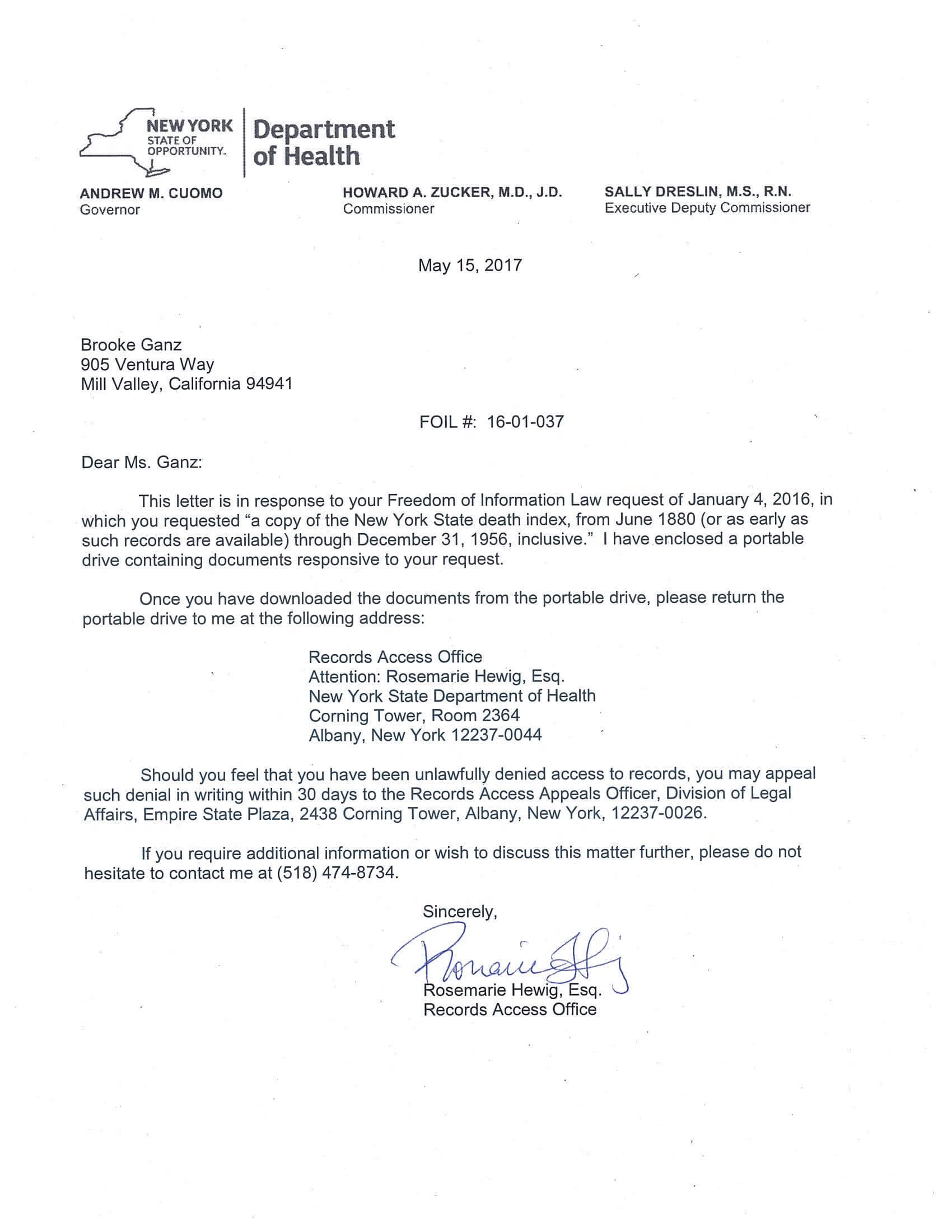 Letter from the New York State Department of Health, finally granting our FOIL request for a public copy of the New York State death index