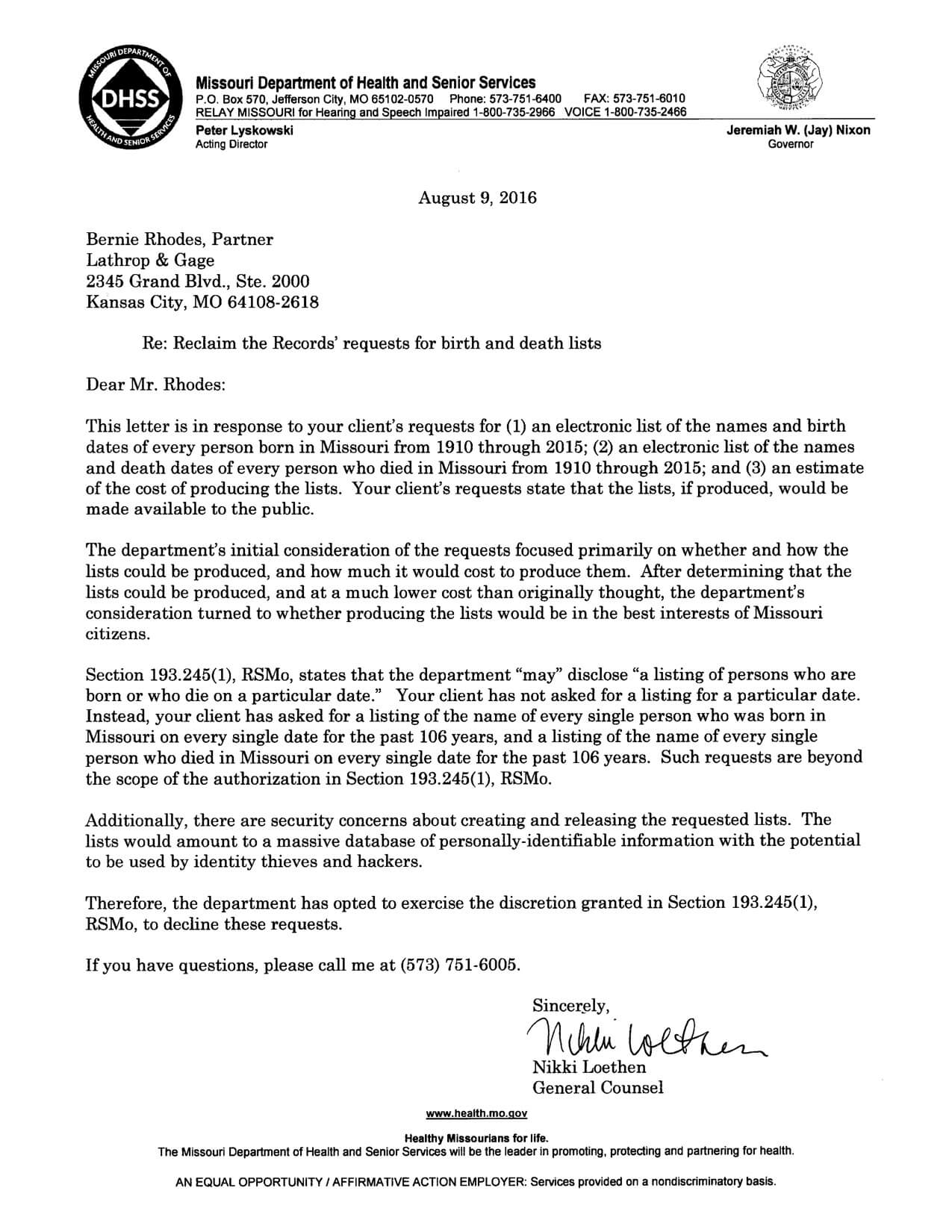 Letter from MO Dept of Health and Senior Services to Reclaim The Records (August 9, 2016)