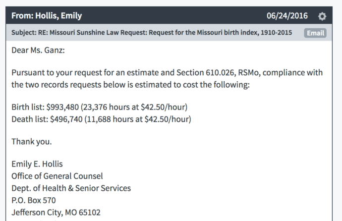 Screenshot of the initial estimated costs of our Missouri Sunshine Law requests
