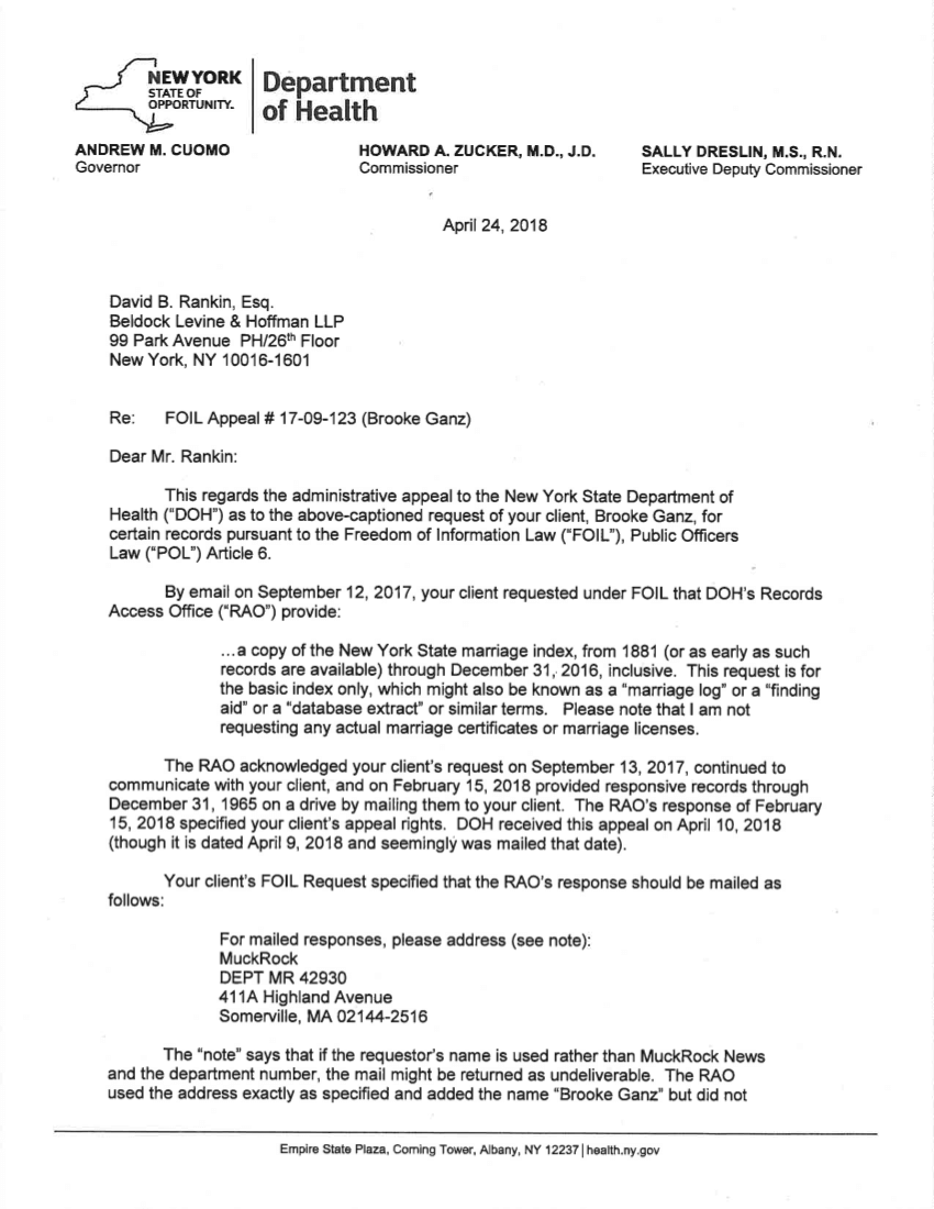 Response from NYS DOH to our first FOIL appeal (April 24, 2018)