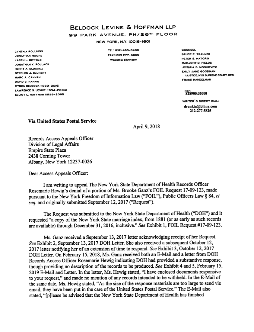 First FOIL appeal for the state marriage index (April 9, 2018)