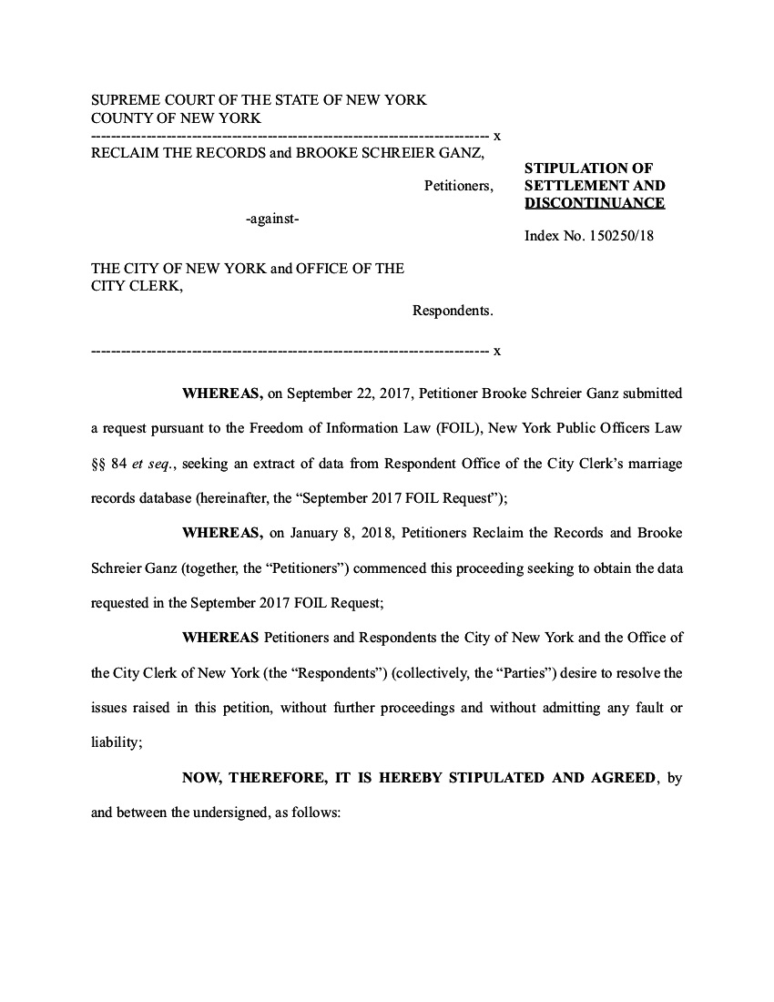 Stipulation of Settlement from New York City, received April 27, 2018