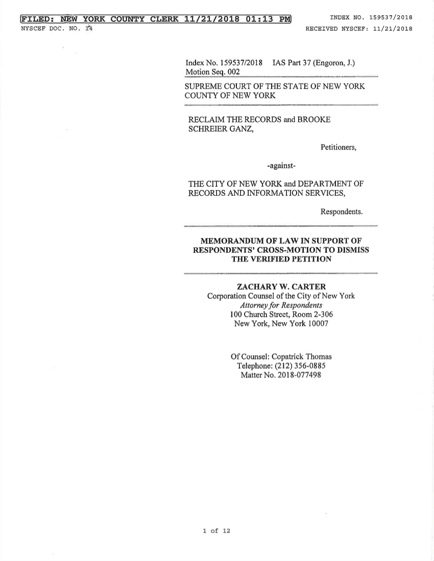Memorandum of Law from DORIS - November 21, 2018 (PDF)