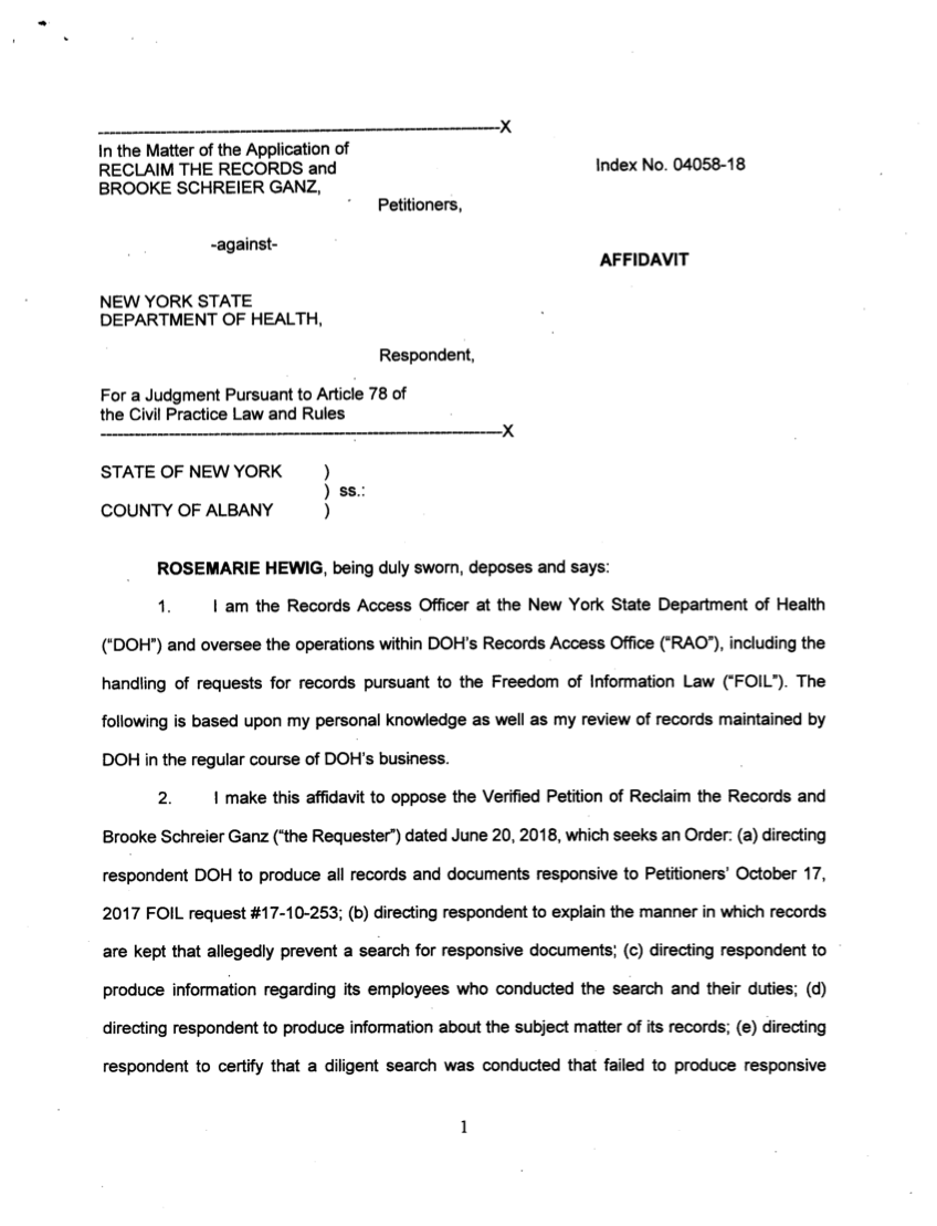 Response from NYS DOH - Affidavit from Hewig