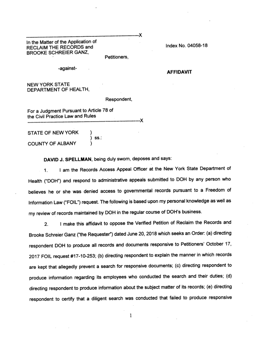 Response from NYS DOH - Affidavit from Spellman