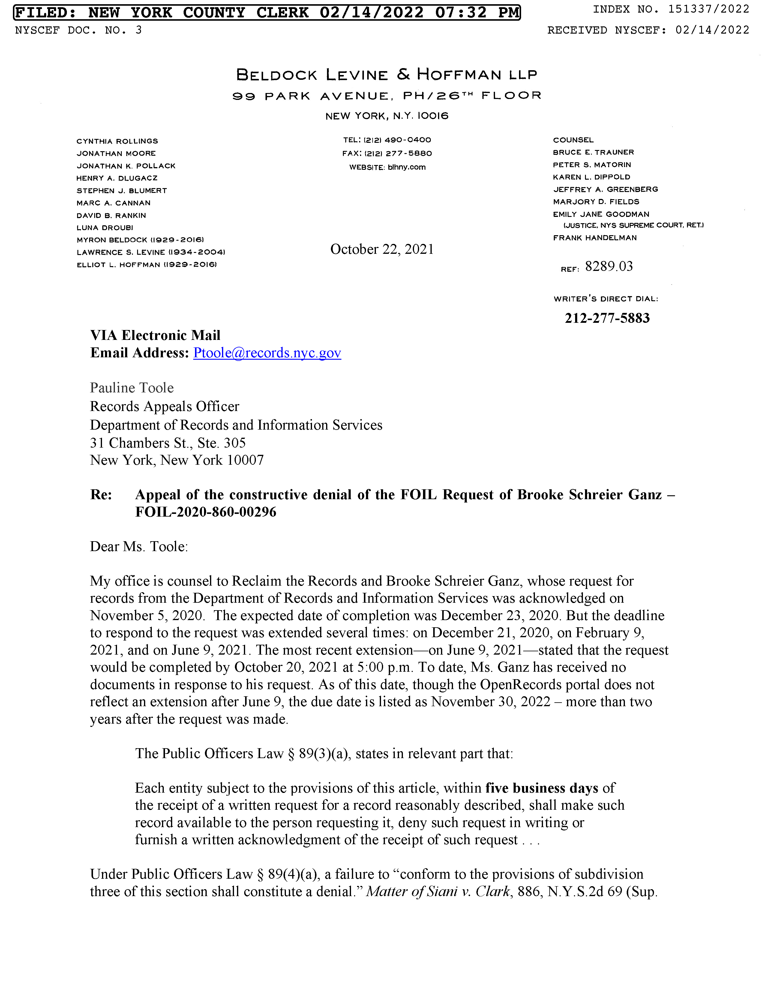 Our official FOIL Appeal (October 22, 2021)