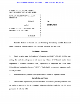 Reclaim The Records vs USCIS - Title page of FOIA lawsuit - July 2021