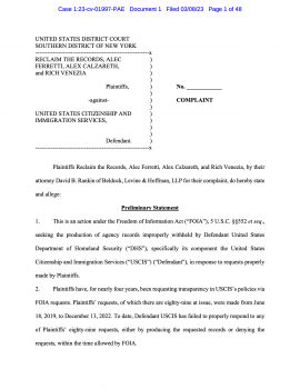 Reclaim The Records vs USCIS - Title page of FOIA lawsuit - March 2023