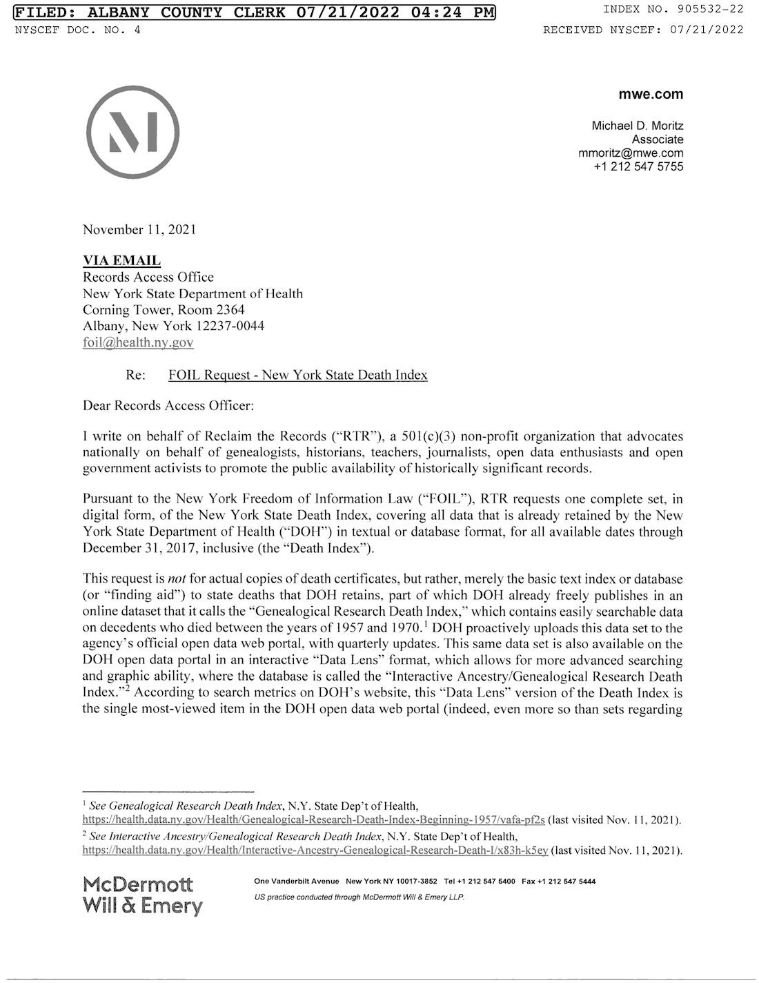 Our original FOIL request for the New York State death index