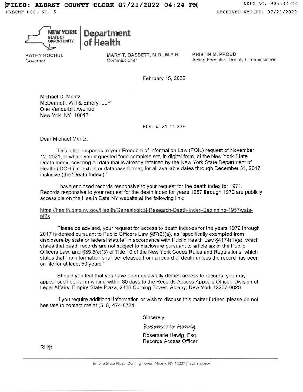 FOIL Denial from the DOH