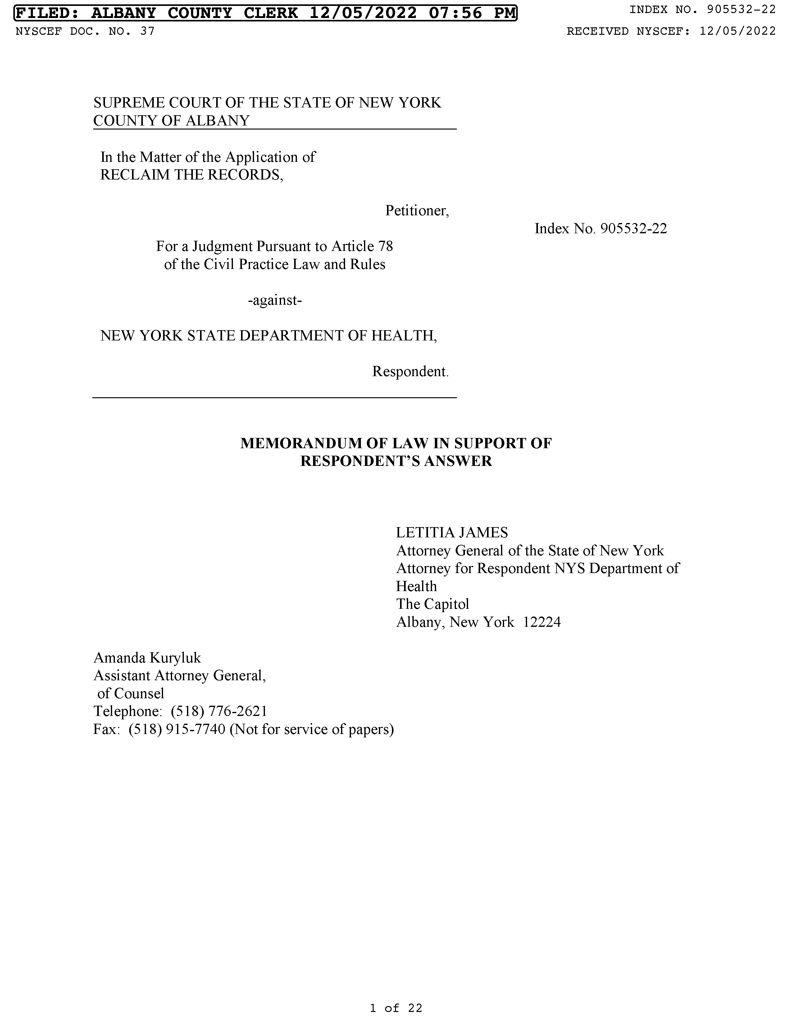 The DOH's Memorandum of Law