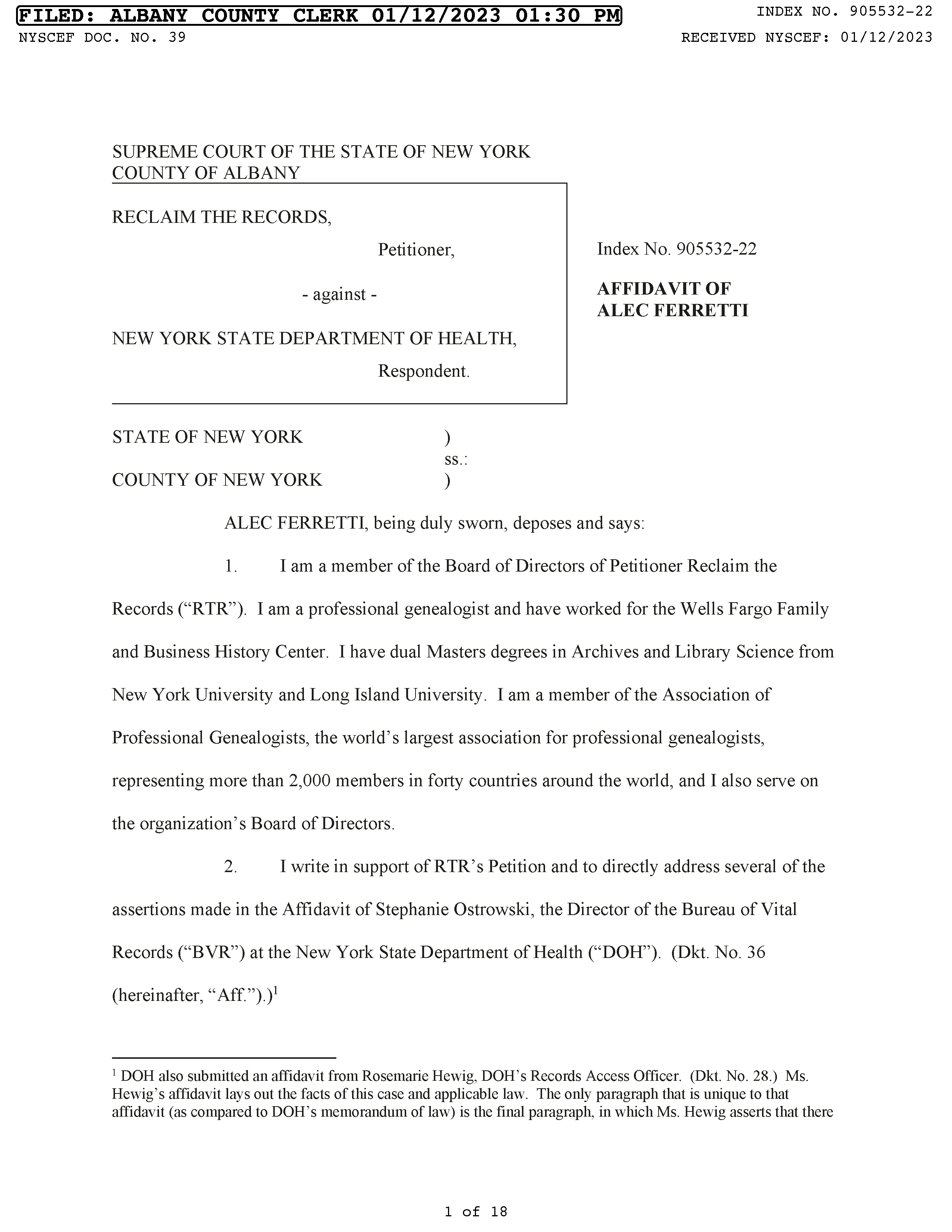 Affidavit from Alec Ferretti