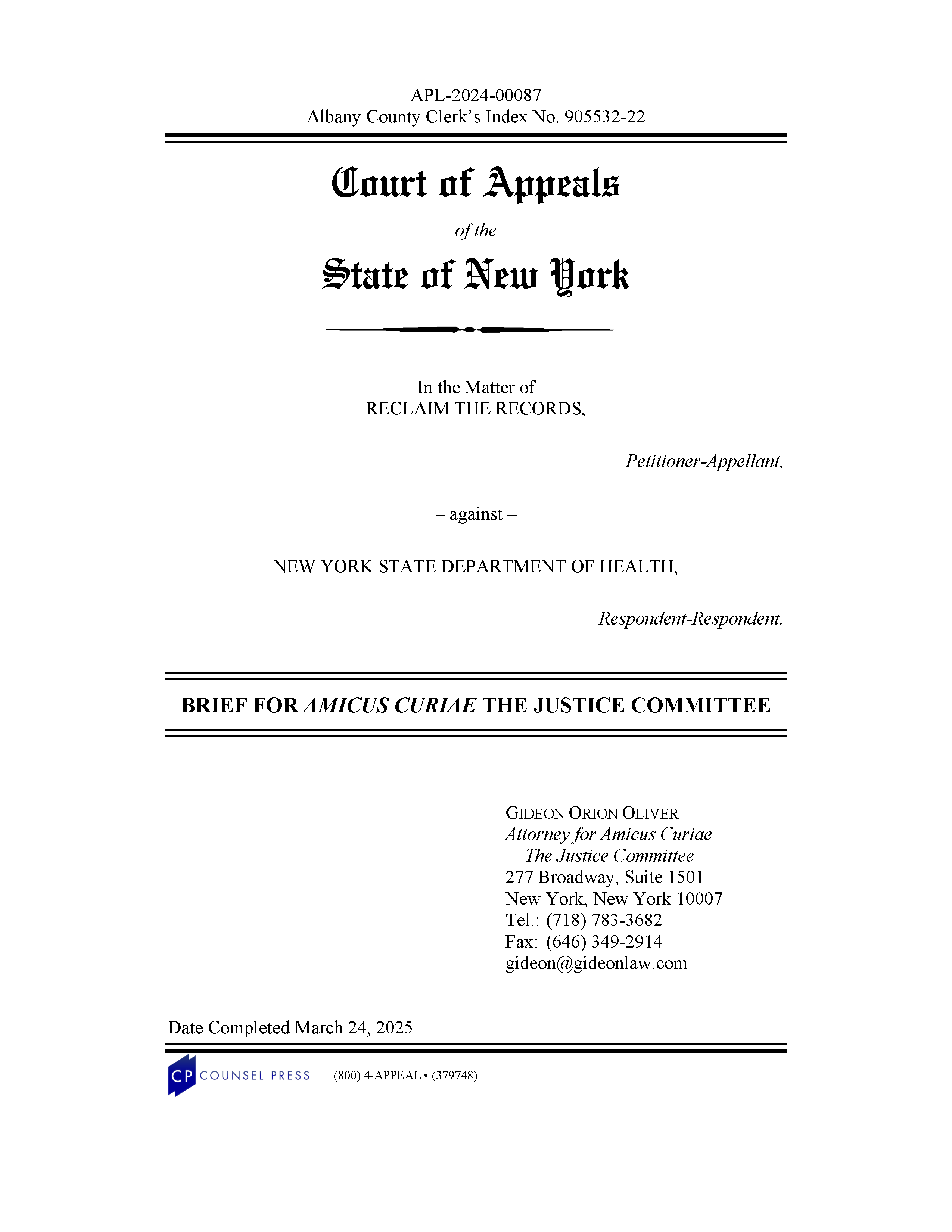 Amicus Curiae brief from the Justice Committee, in support of Reclaim The Records