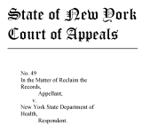 New York Court of Appeals case caption - Reclaim The Records vs. New York State Department of Health